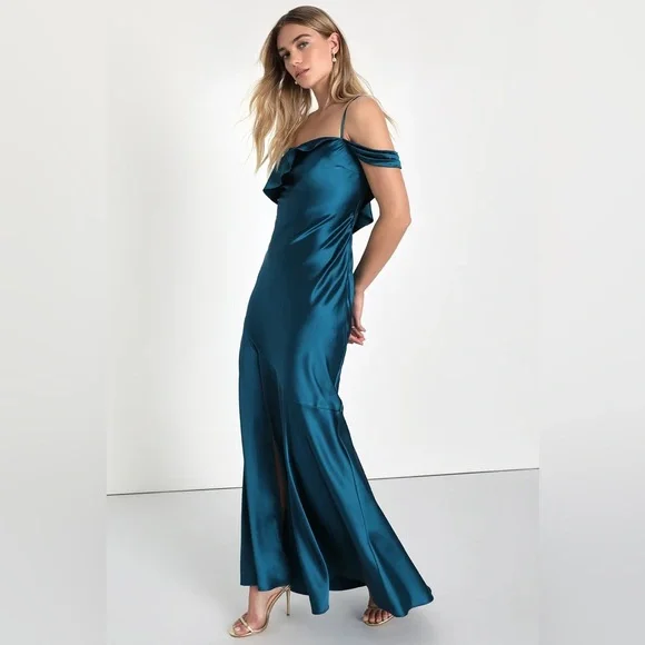 Lulu’s Enchanting Aesthetic Teal Satin Asymmetrical Unique Modern Maxi Dress M - Picture 2 of 10